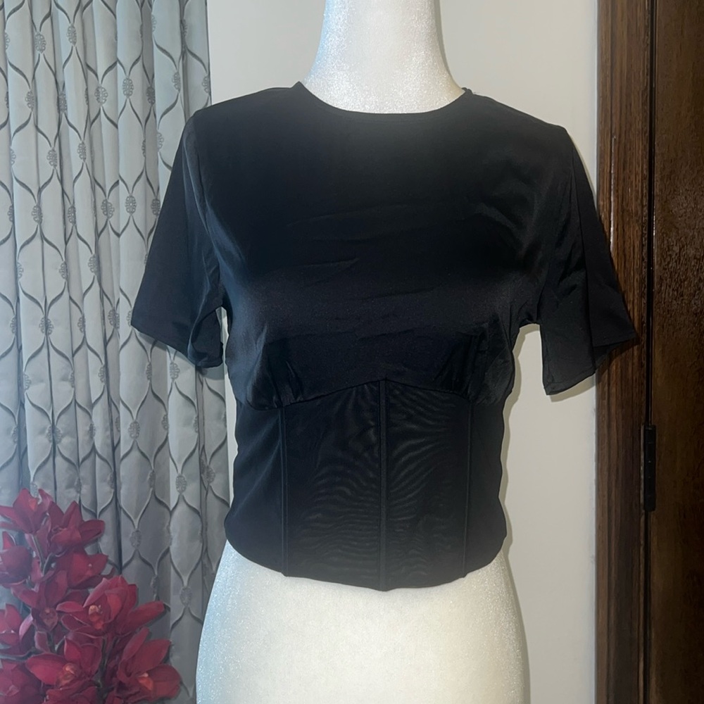 Black top with mesh corset detail